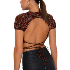 Brown Leopard Print Short Sleeve Crop Top TQK210696-17