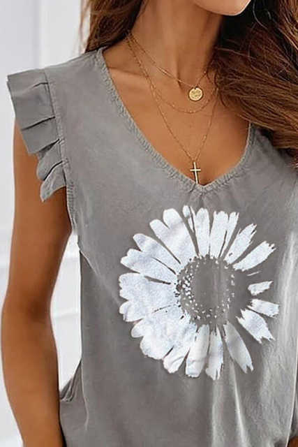 Gray V-Neck Daisy Print Casual Tank Top LC256837-11