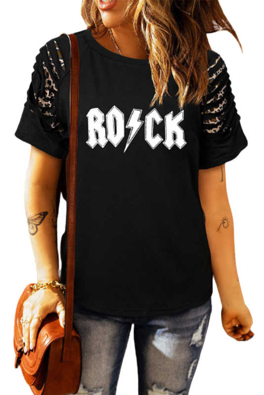 Black ROCK Lightning Print Leopard Cut-out Short Sleeve T Shirt LC25215046-2