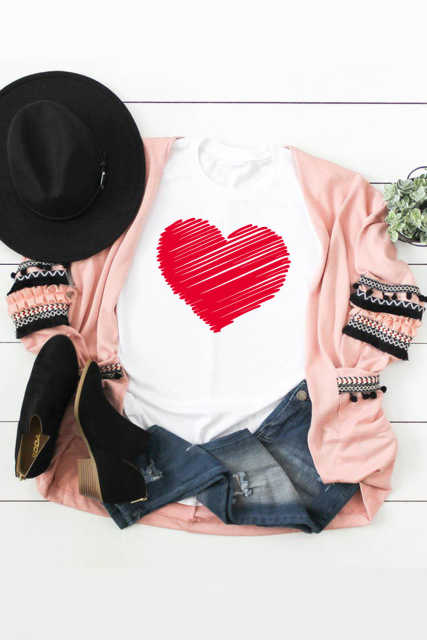 White Valentine Heart-shaped Print Short Sleeve Top LC25213889-1