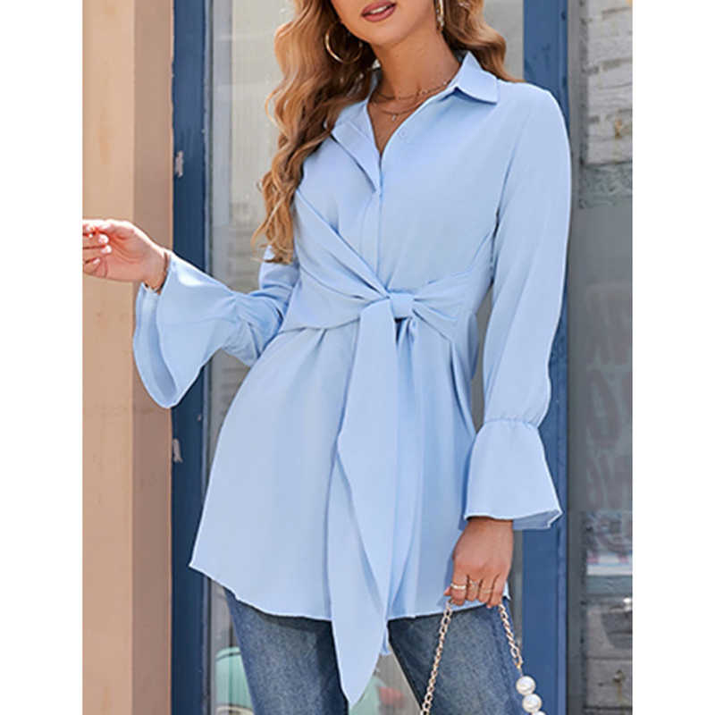 Light Blue Tie Waist Button Fashion Shirt TQF221005-30