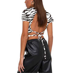 Black White Zebra Print Short Sleeve Crop Top TQK210696-37