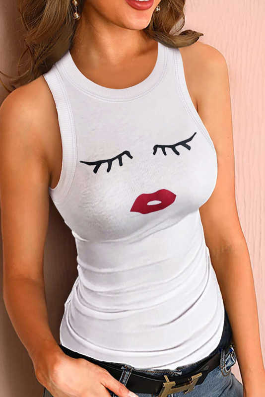 White Crew Neck Eyelash Pattern Ribbed Knit Tank LC256631-1