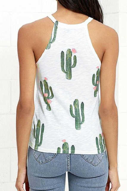 White Crew Neck Cactus Print Tank Top LC2561176-1
