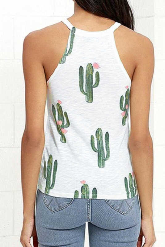White Crew Neck Cactus Print Tank Top LC2561176-1