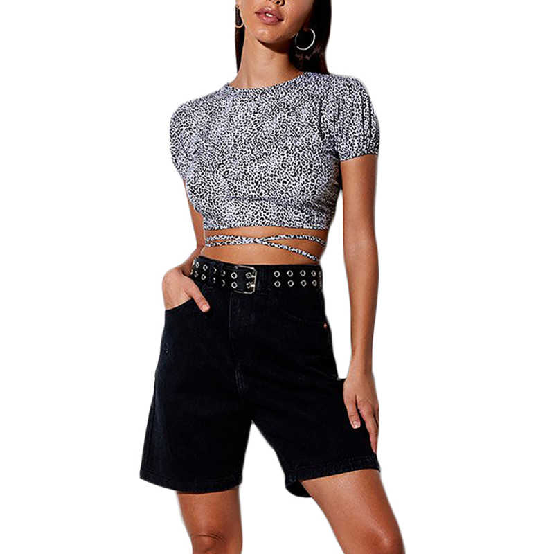 Gray Leopard Print Short Sleeve Crop Top TQK210696-11