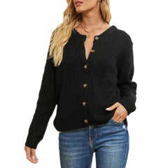 Black Button Front Double Wear Knit Cardigan TQF281013-2