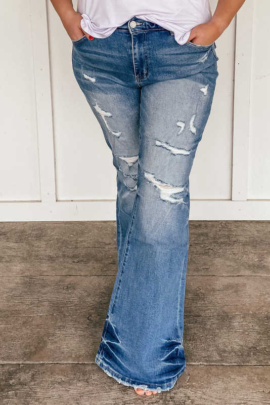 Sky Blue Plus Size Distressed Flare Jeans PL787012-4