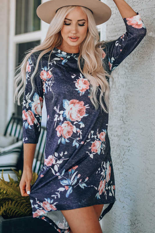 Gray Vintage Floral 3/4 Sleeves T-shirt Dress LC6111573-11