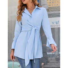 Light Blue Tie Waist Button Fashion Shirt TQF221005-30