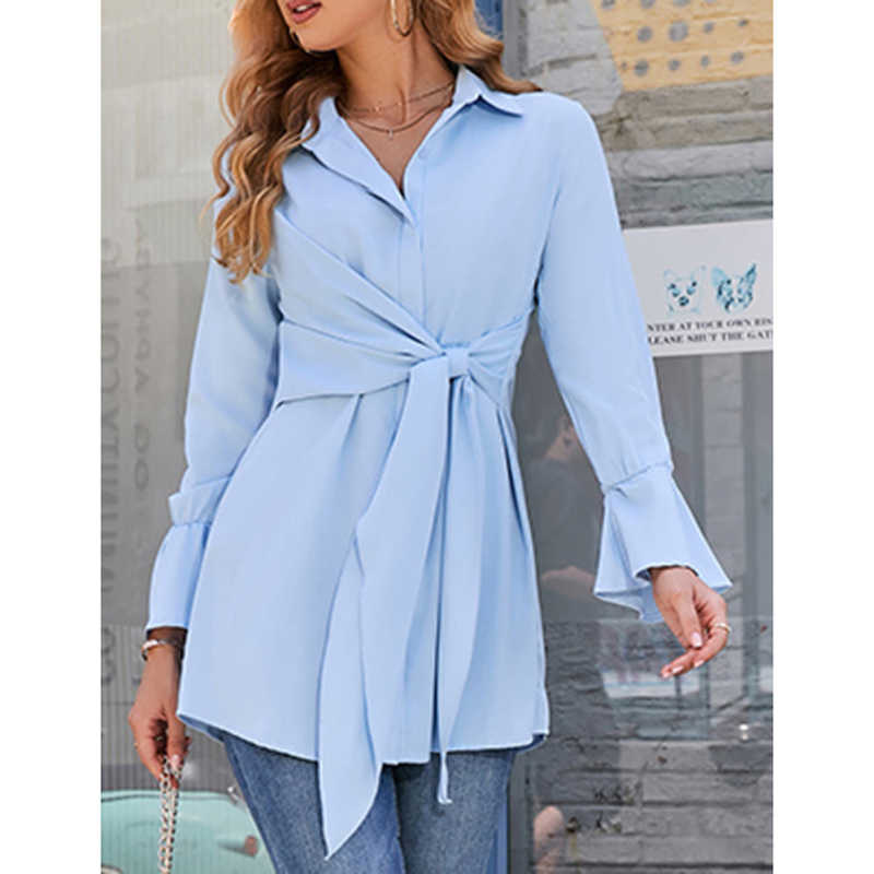 Light Blue Tie Waist Button Fashion Shirt TQF221005-30