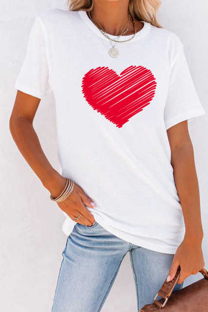 White Valentine Heart-shaped Print Short Sleeve Top LC25213889-1