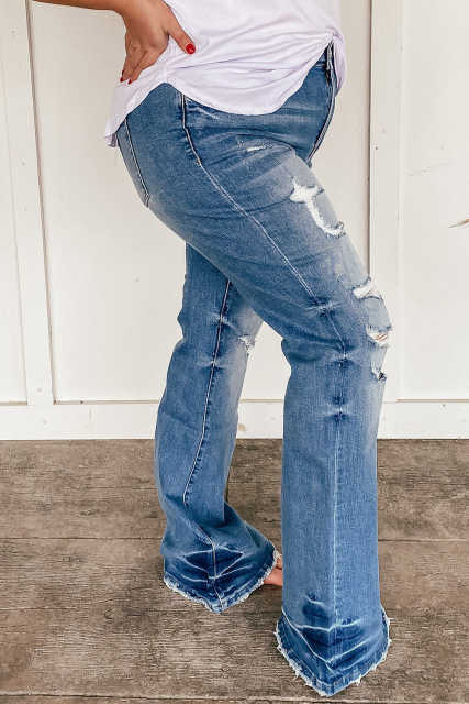 Sky Blue Plus Size Distressed Flare Jeans PL787012-4
