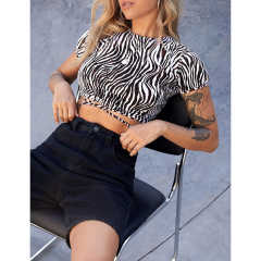 Khaki Zebra Print Short Sleeve Crop Top TQK210696-21