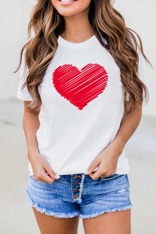 White Valentine Heart-shaped Print Short Sleeve Top LC25213889-1