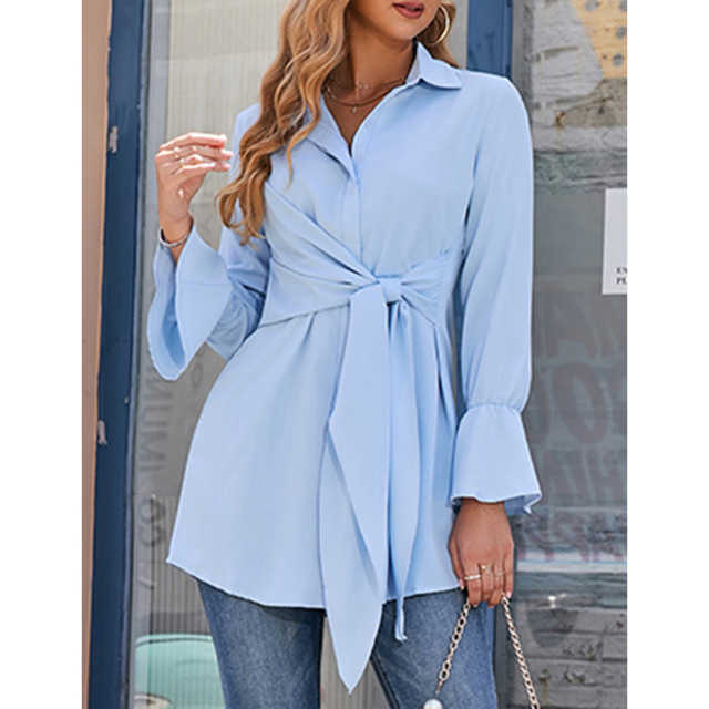 Light Blue Tie Waist Button Fashion Shirt TQF221005-30