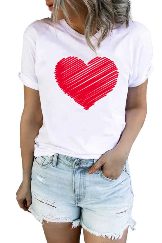 White Valentine Heart-shaped Print Short Sleeve Top LC25213889-1