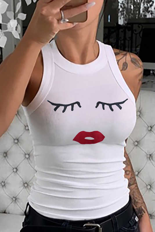 White Crew Neck Eyelash Pattern Ribbed Knit Tank LC256631-1