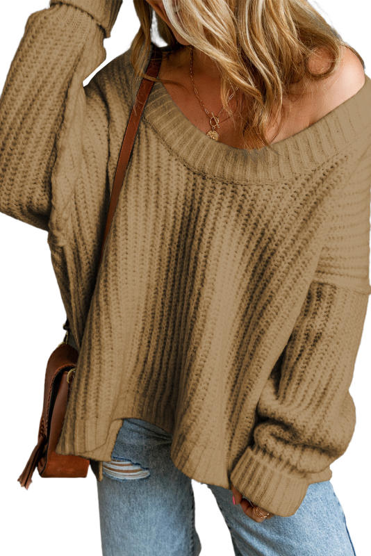 Apricot khaki Ribbed Knit Round Neck Slouchy Chunky Sweater