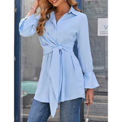 Light Blue Tie Waist Button Fashion Shirt TQF221005-30
