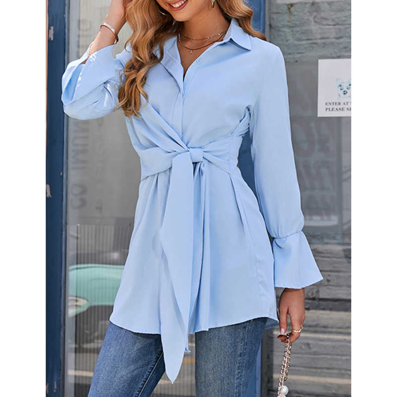 Light Blue Tie Waist Button Fashion Shirt TQF221005-30