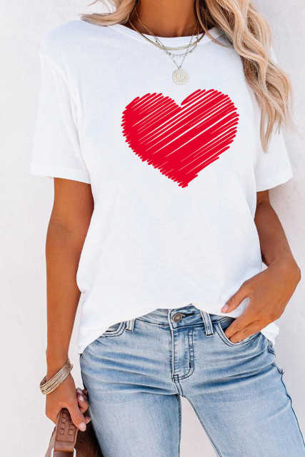White Valentine Heart-shaped Print Short Sleeve Top LC25213889-1