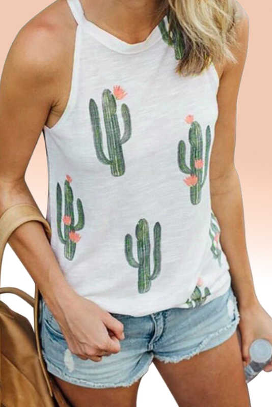 White Crew Neck Cactus Print Tank Top LC2561176-1