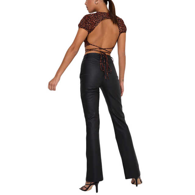 Brown Leopard Print Short Sleeve Crop Top TQK210696-17