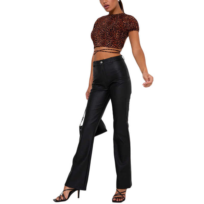 Brown Leopard Print Short Sleeve Crop Top TQK210696-17