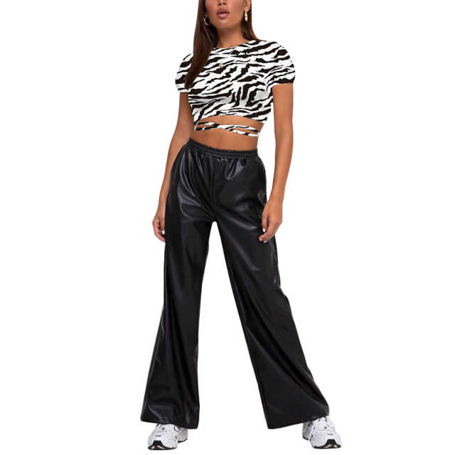 Black White Zebra Print Short Sleeve Crop Top TQK210696-37