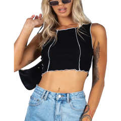 Black Cotton Blend Sleeveless Crop Tank TQK250135-2