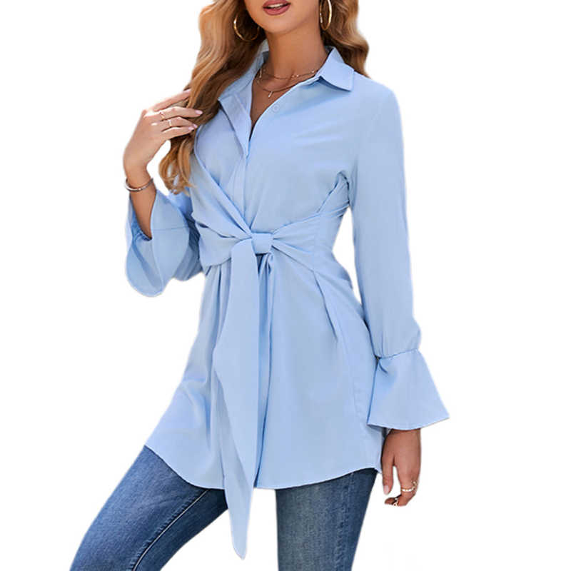 Light Blue Tie Waist Button Fashion Shirt TQF221005-30