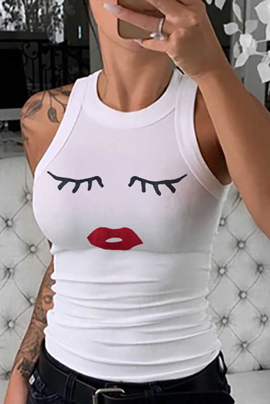 White Crew Neck Eyelash Pattern Ribbed Knit Tank LC256631-1