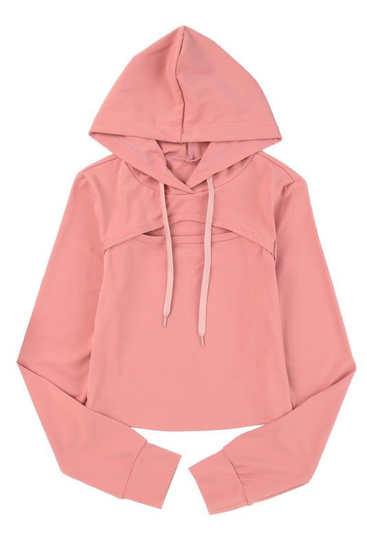 Pink Cutout Cropped Sporty Drawstring Hoodie