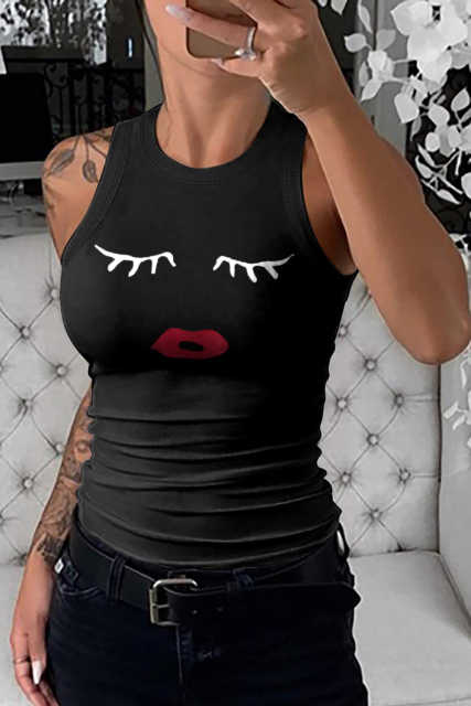 Black Crew Neck Eyelash Pattern Ribbed Knit Tank LC256631-2