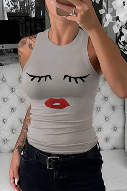 Gray Crew Neck Eyelash Pattern Ribbed Knit Tank LC256631-11