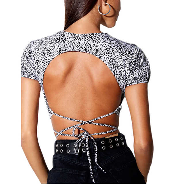 Gray Leopard Print Short Sleeve Crop Top TQK210696-11