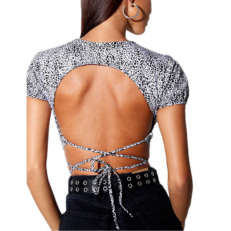 Gray Leopard Print Short Sleeve Crop Top TQK210696-11