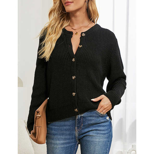Black Button Front Double Wear Knit Cardigan TQF281013-2