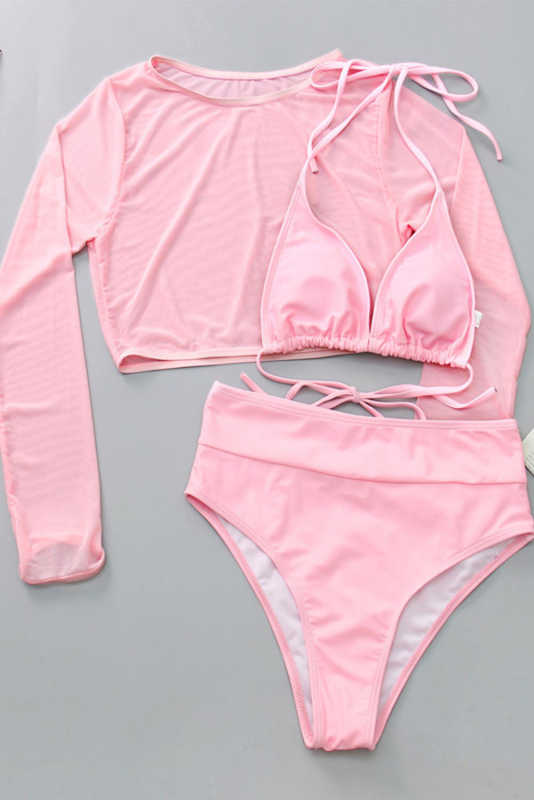 Pink Three-piece Triangle Bikini with 3/4 Sleeve Crop Top LC412783-10