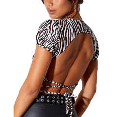 Khaki Zebra Print Short Sleeve Crop Top TQK210696-21