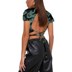 Green Dragon Print Short Sleeve Crop Top TQK210696-9