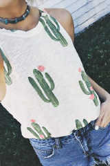 White Crew Neck Cactus Print Tank Top LC2561176-1
