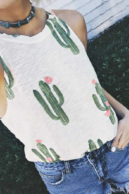 White Crew Neck Cactus Print Tank Top LC2561176-1