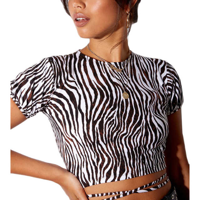 Khaki Zebra Print Short Sleeve Crop Top TQK210696-21