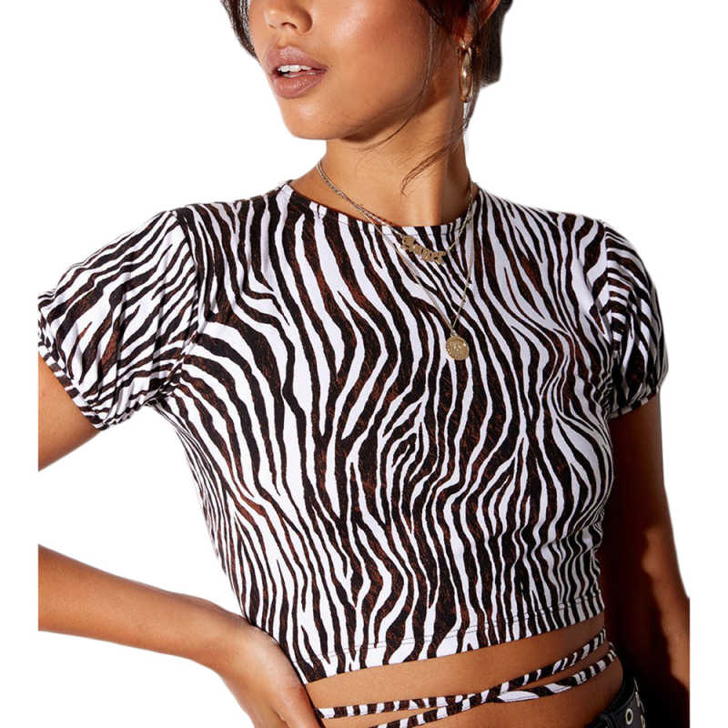 Khaki Zebra Print Short Sleeve Crop Top TQK210696-21