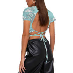 Aquamarine Dragon Print Short Sleeve Crop Top TQK210696-45