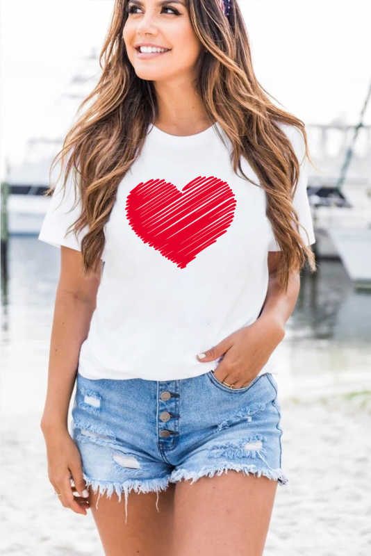 White Valentine Heart-shaped Print Short Sleeve Top LC25213889-1