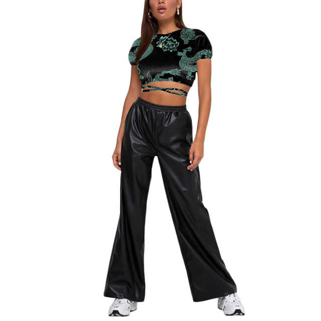 Green Dragon Print Short Sleeve Crop Top TQK210696-9