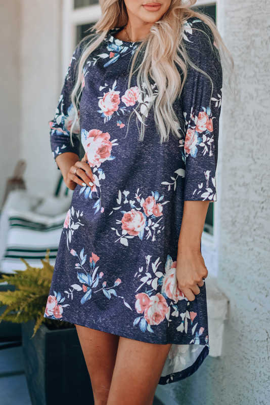Gray Vintage Floral 3/4 Sleeves T-shirt Dress LC6111573-11